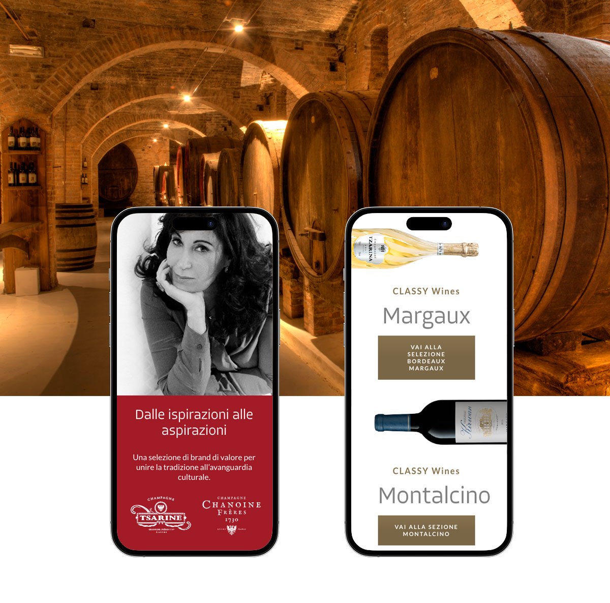 Sfondo con grandi botti di vino in un ambiente con colori caldi, con in sovraimpressione 2 layout di mobile con due pagine del sito.