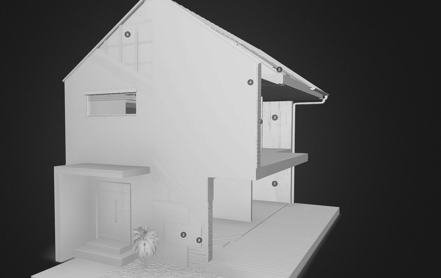 Dettagli di interno dei materiali di una casa in 3D in scala di grigi