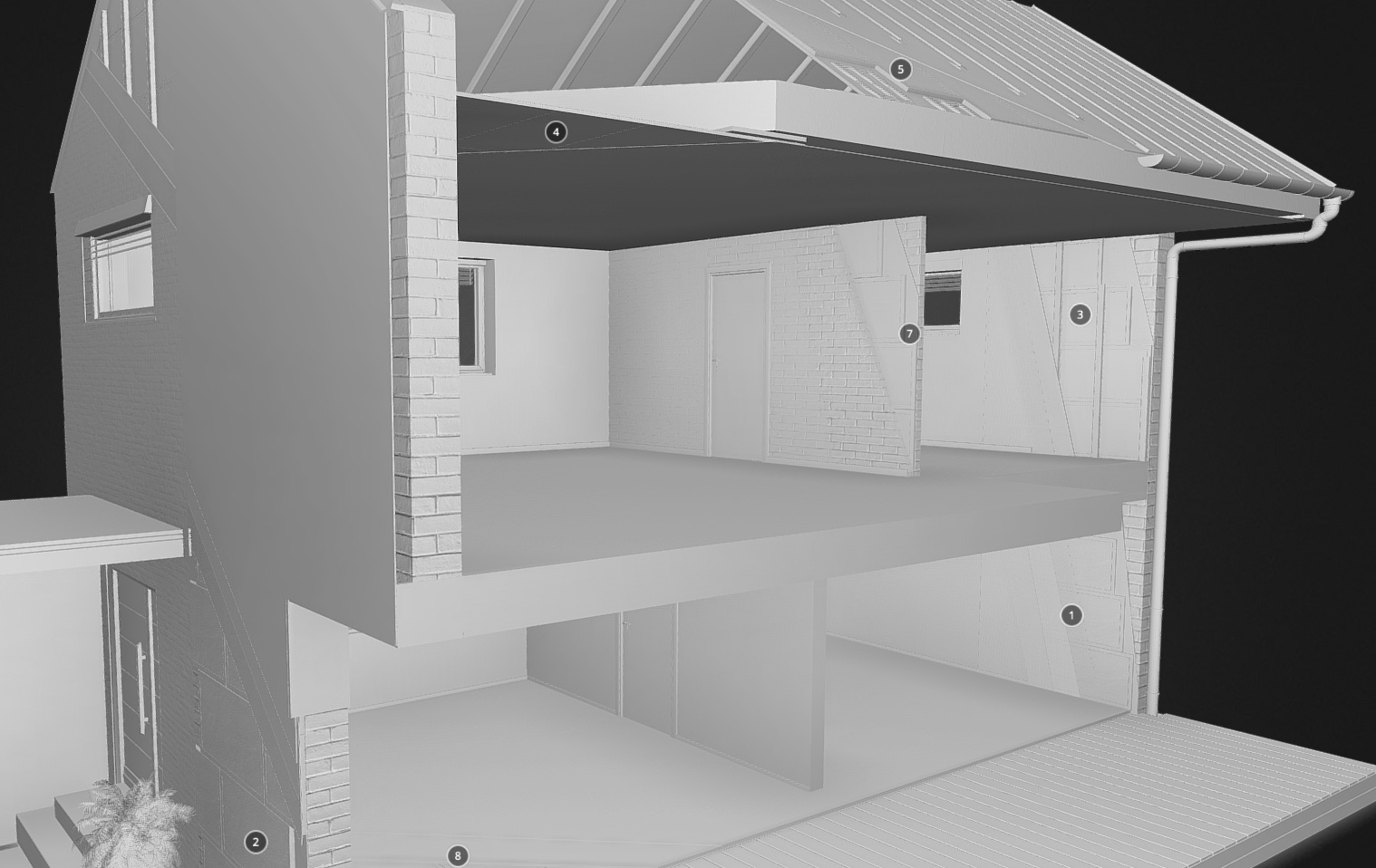 Dettagli di interno dei materiali di una casa in 3D in scala di grigi