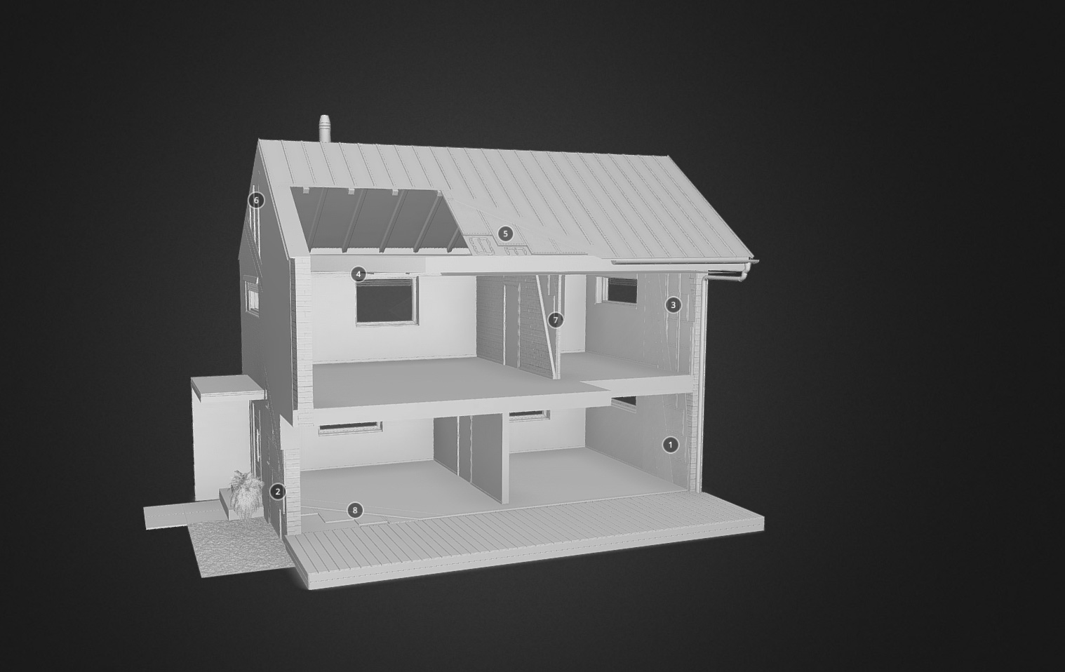 Dettagli di interno dei materiali di una casa in 3D in scala di grigi